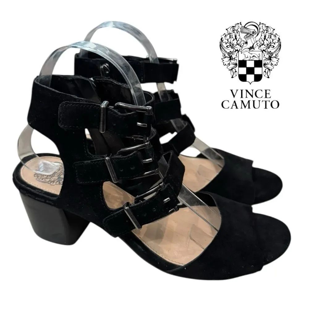 Vince Camuto Geriann Triple Buckle Black Suede Leather Heeled Sandals 7.5